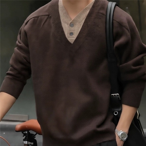 2025冬季宽松加厚假两件拼接V领毛衣男女百搭休闲长袖针织上衣潮图片