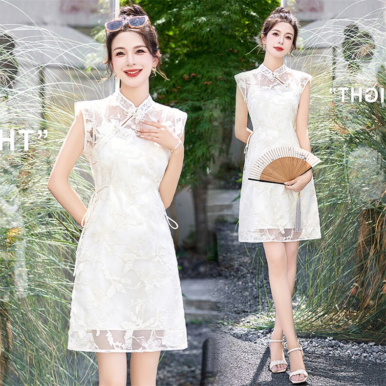 新中式改良旗袍连衣裙2025夏新款高级感刺绣蕾丝白色修身收腰裙子，女装套装/套裙，布芭啦