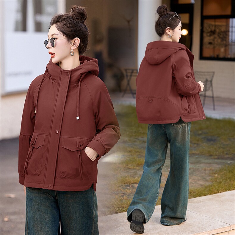 冬季加绒派克服棉衣女2025新款小个子短款连帽休闲工装棉衣外套,女装棉衣/棉服,涵亦佰惠