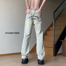 B221美式ins高街小众刺绣拼接直筒小脚牛仔裤LK23034-P65控88，男装牛仔裤，电商B221
