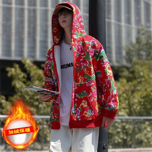 A203冬加绒加厚保暖连帽开衫卫衣东北大花风民族特色大码土潮图片
