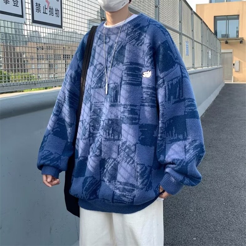 2023秋冬新款复古宽松针织衫上衣刺绣卡通格子毛衣男M738-P40,男装针织衫/毛衣,星座512-3