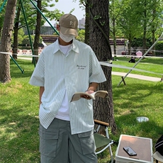 潮标准简约方领新款男条纹夏季潮流五分袖ins日常青春流行衬衫，男装衬衫，星座716-3