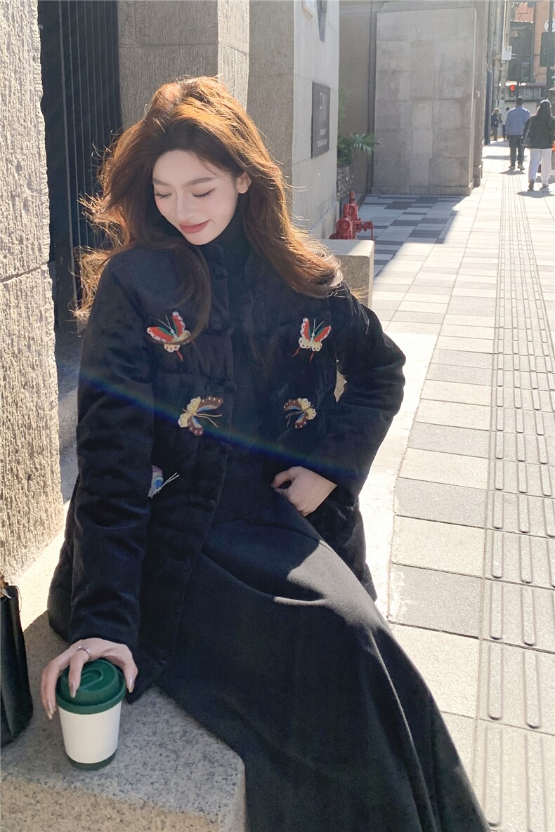 唐装风丝绒刺绣盘扣羽绒H8382P295K428,女装羽绒服,红龙果