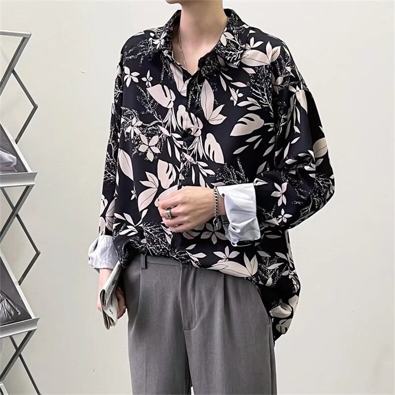 23港风秋季新款大码宽松时尚休闲花纹衬衫C166-P30,男装衬衫,星座1109-3