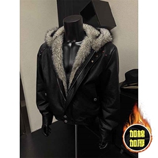 现货冬季美式潮牌痞帅PU皮机车服棉衣毛毛绒狼王座山雕皮棉服，男装棉衣，电商A486-1