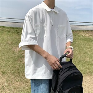 夏季潮牌ins宽松T恤日系纯色上衣半拉链翻领Polo衫男 W3181-P28图片