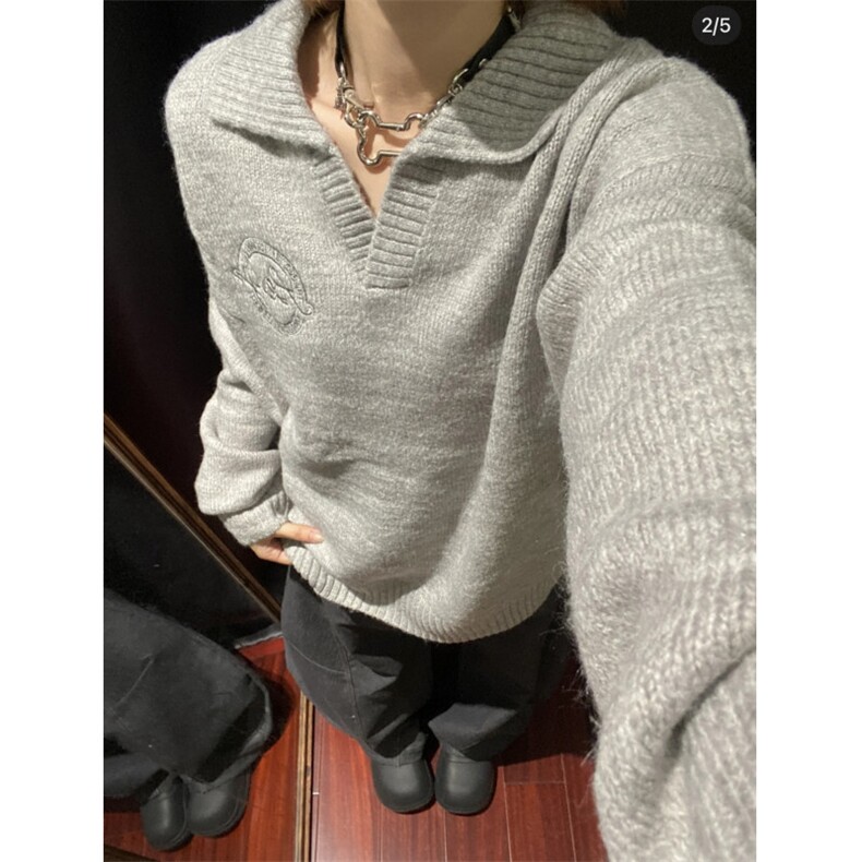秋冬濮院针织软糯翻领刺绣毛衣针织衫宽松百搭情侣外套MF68 P50图片
