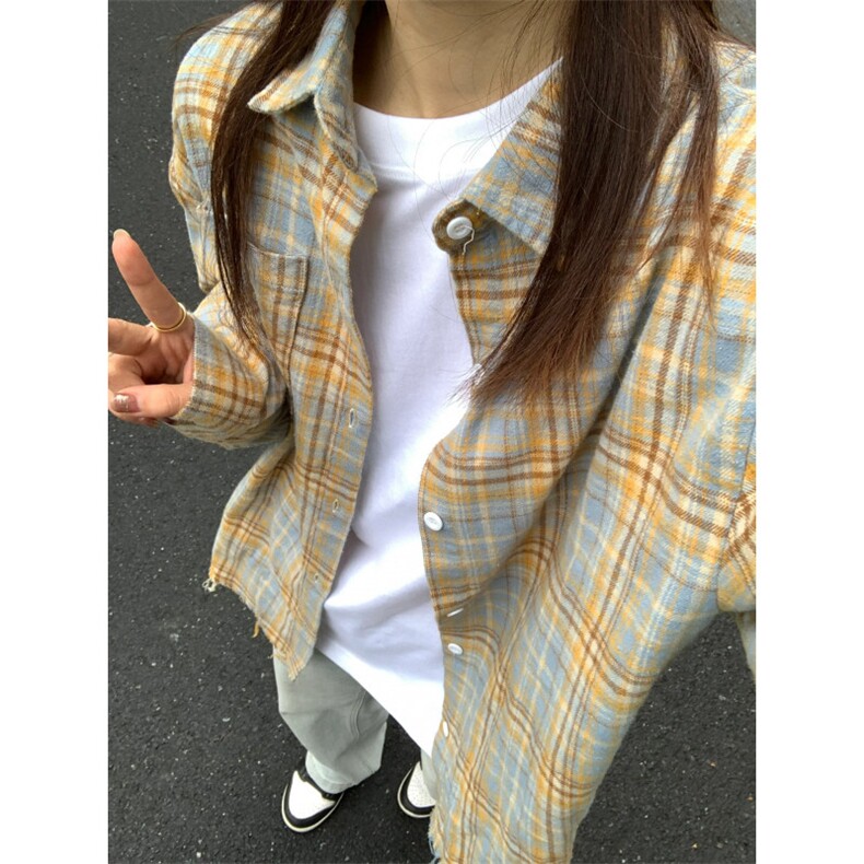 现货黄蓝格子长袖衬衫男美式格纹衬衣小众设计情侣外套K342-,男装衬衫,星座1007（原301D）