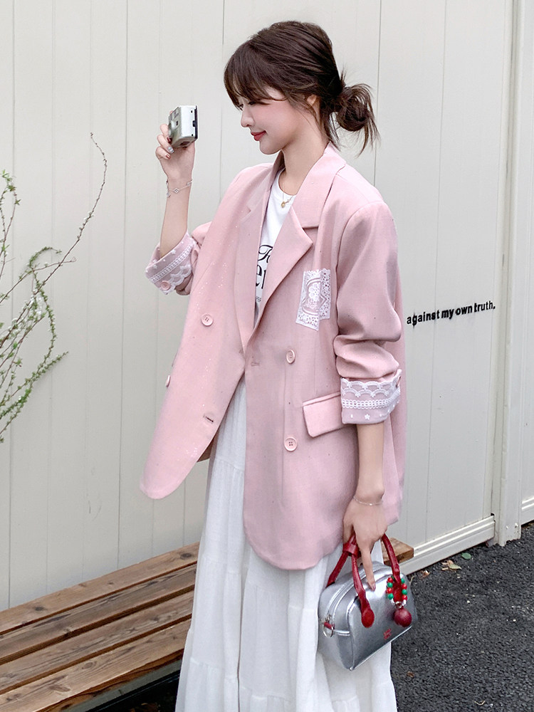 粉色蕾丝拼接西装外套女春秋2025新款爆款超火西服独特漂亮设计感,女装西装,素月