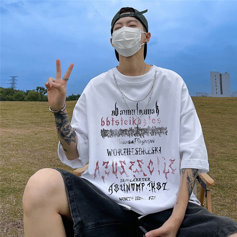 港风个性字母印花百搭带链条短袖圆领丐版T恤DT6342P40控58,男装T恤,电商A268A
