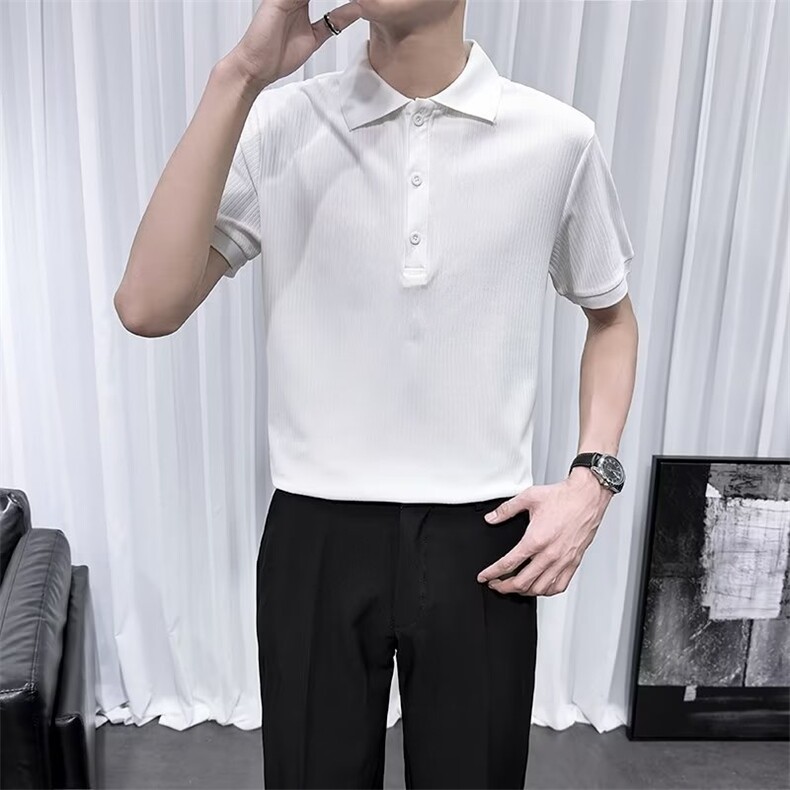 冰丝条纹短袖Polo衫男2024新款夏上衣潮流高级感纯色翻领t恤D88，男装Polo衫，星座1116A-2（原606A-1）