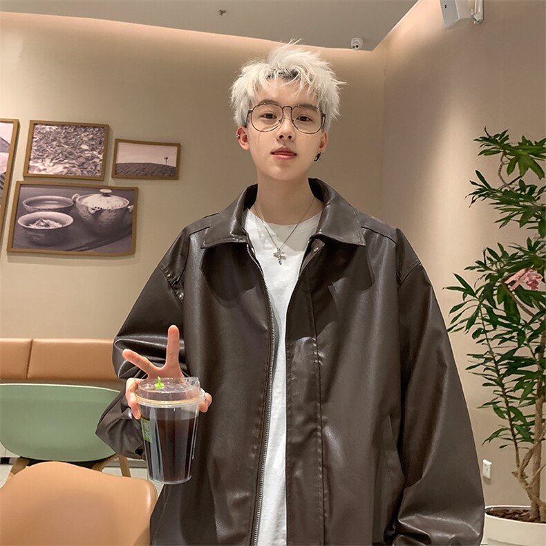 XZ213-JK8932-P108控128 港风美式日系复古痞帅大翻领皮衣夹克潮图片