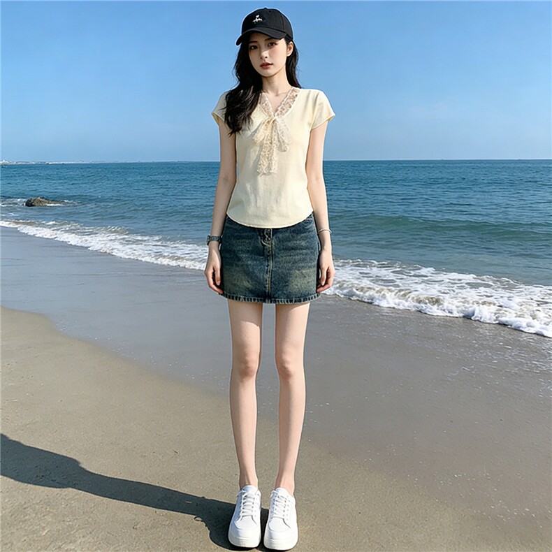时尚气质套装裙女夏季新款显瘦V领蕾丝拼接针织衫牛仔短裙两件套,女装套装/套裙,江南
