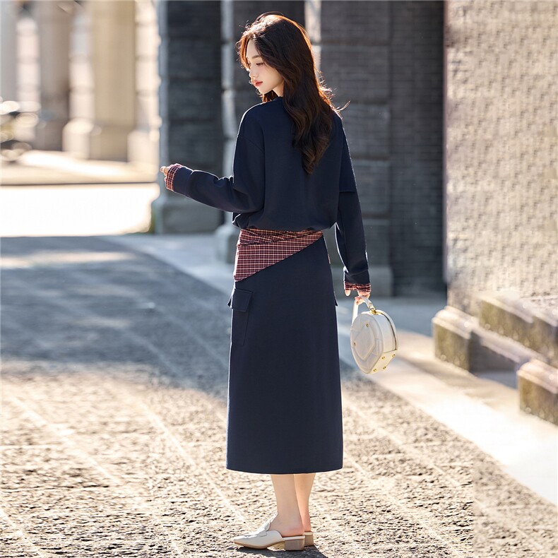 黑色格子拼接学院风套装裙女2025秋季新款休闲卫衣半身长裙两件套,女装套装/套裙,芭米依尚