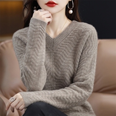 时尚百搭V领羊毛衫修身显瘦长袖针织毛衣，女装羊毛衫，邓利维