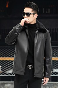 J8069新款海宁男式绵羊皮皮衣男翻领兔毛内胆皮克服夹克P990,男装皮衣,电商B360