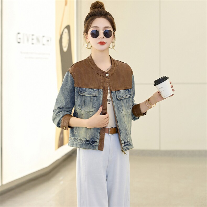 CHUU撞色牛仔短外套女2025秋季新品辣妹水洗做旧扎染拼接长袖上衣图片