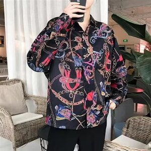 港风复古印花链子衬衫男痞帅宽松长袖夜店男装凉薄花衬衣外套图片