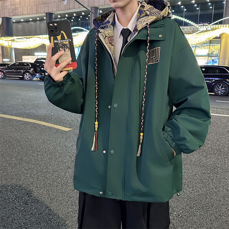 国风假两件外套男生春秋季拼接撞色设计高街潮牌宽松大码连帽夹克,男装夹克,星座102B-1