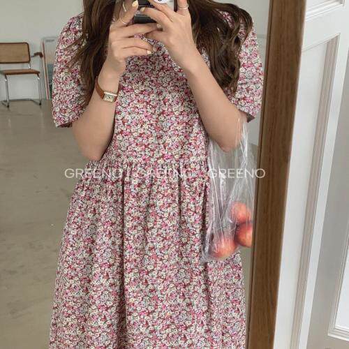 方领碎花连衣裙，女装连衣裙，GREENO