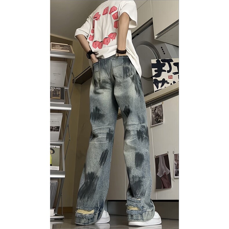 现货~美式复古水洗破坏牛仔裤高街直筒染脏裤子XZ1002-K7739-P60,男装牛仔裤,星座908