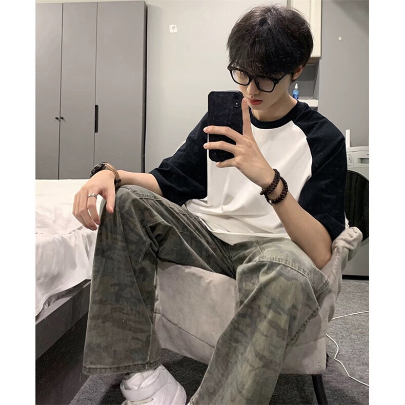 抖音得物高品质二开240克宽松纯棉美式潮牌插肩袖拼接短袖T恤，男装T恤，电商A486-1