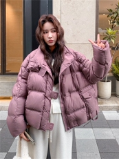 紫色短款立领泡芙羽绒服女冬2025新款韩系高充绒量90绒保暖面包服，女装短外套，2B156