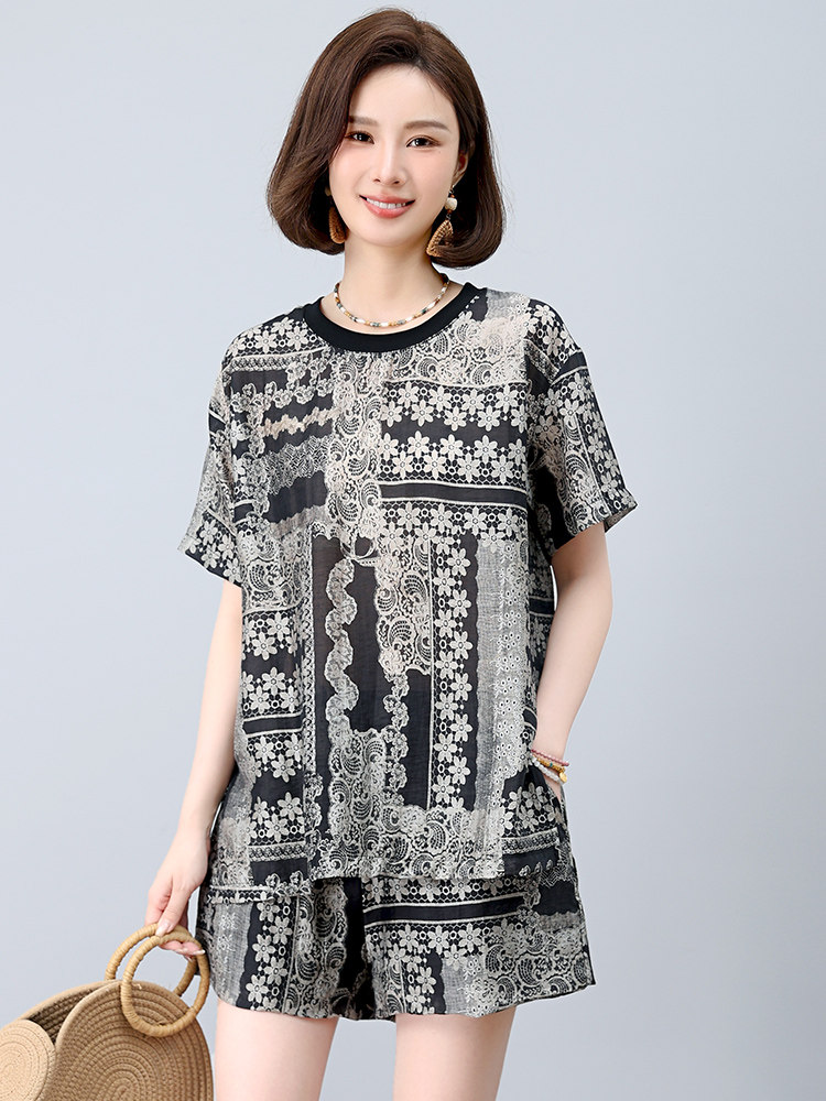 亚麻套装女2025年夏季新款时尚宽松中年妈妈大码棉麻短款两件套,女装套装/套裙,江忆布依