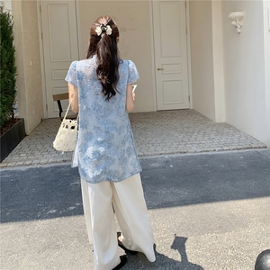 蓝色提花改良旗袍阔腿裤套装女夏大方得体高级感清冷感两件套超火图片