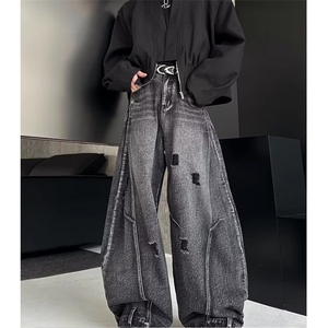 欧美高街vibe做旧弯刀牛仔裤男女新款拼接休闲宽松显瘦Z7824 P55图片
