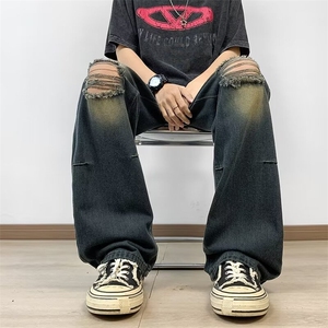 破洞牛仔裤男夏季薄款做旧水洗宽松直筒长裤子 N6127图片