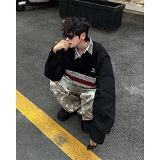 复古拼接撞色条纹polo衫男女潮牌宽松长袖做旧卫衣外套WC222-p60，男装卫衣，星座1008