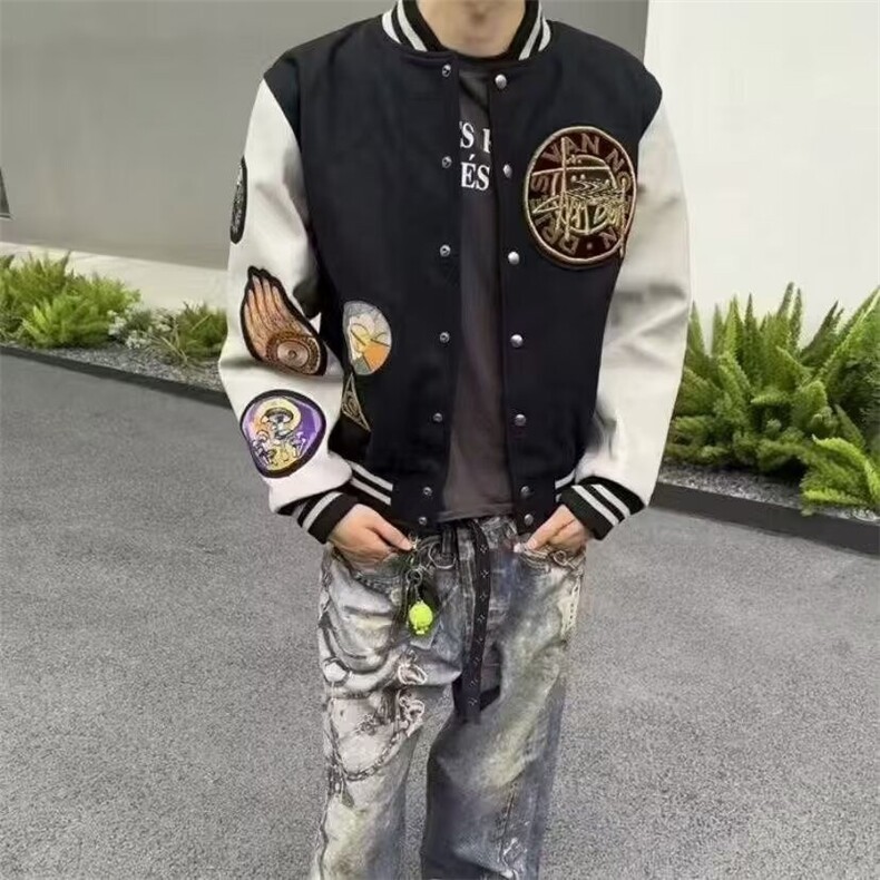 美式棒球服库里同款春秋外套男刺绣新款复古飞行员夹克HHF19 P85图片