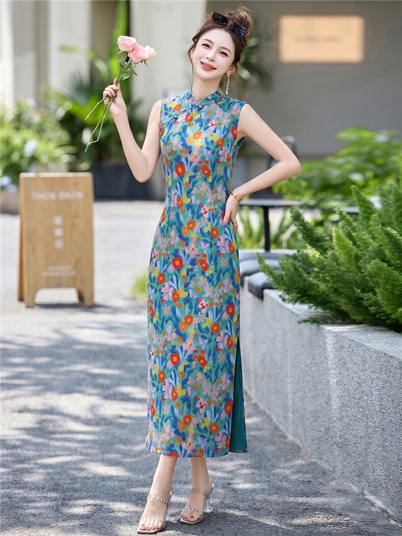 2026夏装新款简约时尚休闲新中式复古盘扣修身连衣裙,女装连衣裙,美沁