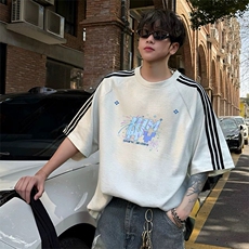 抖音得物品质二开240克宽松纯棉美式潮牌印花三条杠中性风短袖T恤，男装T恤，电商A486