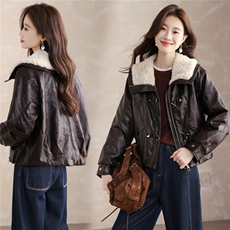 现货！现货！加绒加厚皮衣女2025冬季新款羊羔毛翻领棉衣棉服，女装棉衣/棉服，以桐