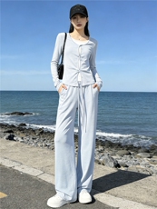 欧货休闲时尚套装女春季新款圆领拼接假两件短款上衣阔腿裤两件套，女装套装/套裙，江南
