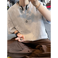美式破洞短袖T恤男夏季潮牌半袖衣服宽松重磅体恤衫T3650-特价P33，男装T恤，电商A007