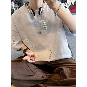 美式破洞短袖T恤男夏季潮牌半袖衣服宽松重磅体恤衫T3650-特价P33图片