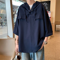 港风夏男连帽七分短袖衬衫冰丝褶皱织带宽松短袖衬衣CS0024P35，男装T恤，星座1013-1
