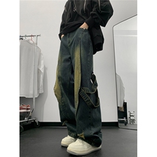 美式高街Vibe复古重工做旧水洗牛仔裤男直筒阔腿长裤N01695-P55，男装牛仔裤，星座308B-2