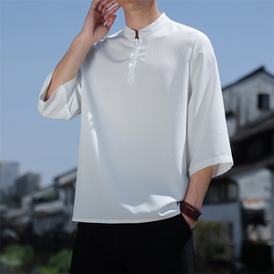 2025新款夏季风纯色立领上衣盘扣休闲T恤宽松潮流男T2505-P45图片