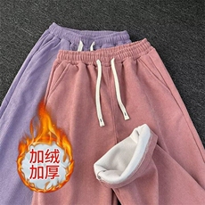 加绒加厚灯芯绒阔腿裤女秋冬新款垂感宽松运动休闲直筒裤束脚卫裤，男装休闲裤，星座1013