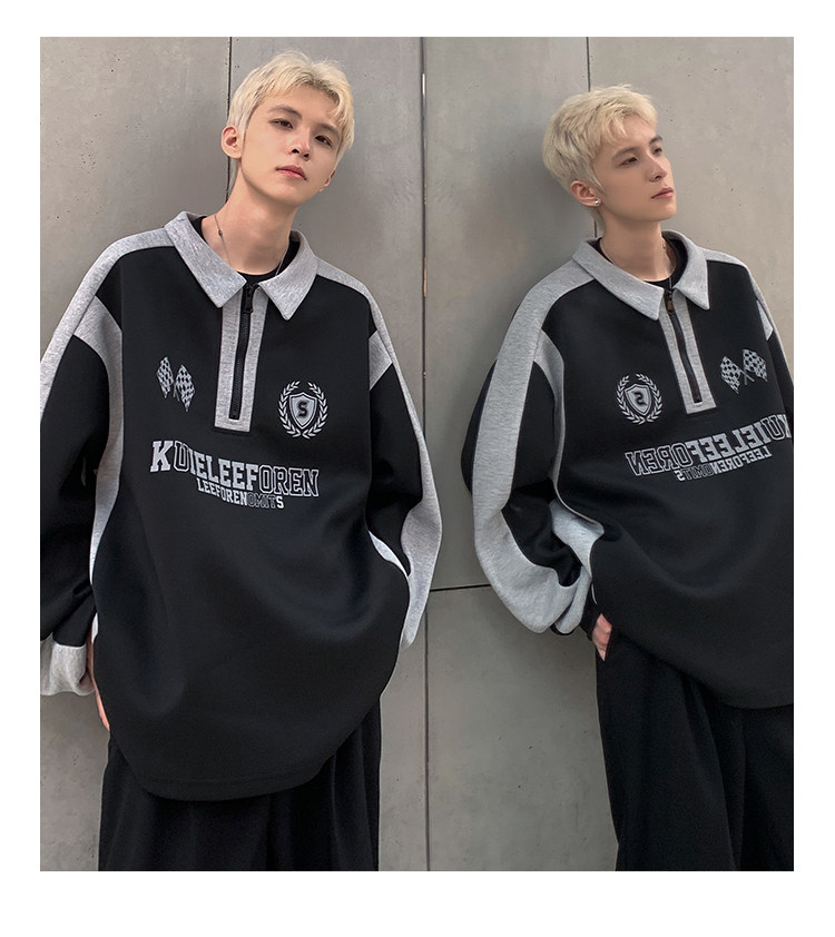 秋季新款美式重磅撞色拼接pol0立领卫衣情侣长袖外套W83-P58,男装卫衣,电商C307