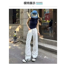 白色宽松新款提花牛仔裤休闲裤女早春高腰直筒裤拖地阔腿裤长裤子，男装牛仔裤，星座506A