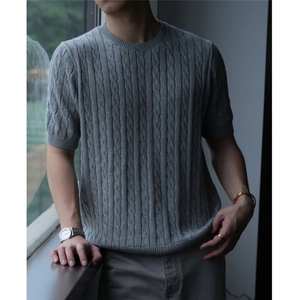 韩同款夏季男士时尚绞花纹日常圆领纯色短袖领针织衫毛衣TX987