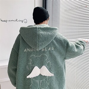 冬季新款宽松小飞熊刺绣羊羔毛棉服连帽棉袄棉衣A071-1009-P120，男装棉衣，电商A125