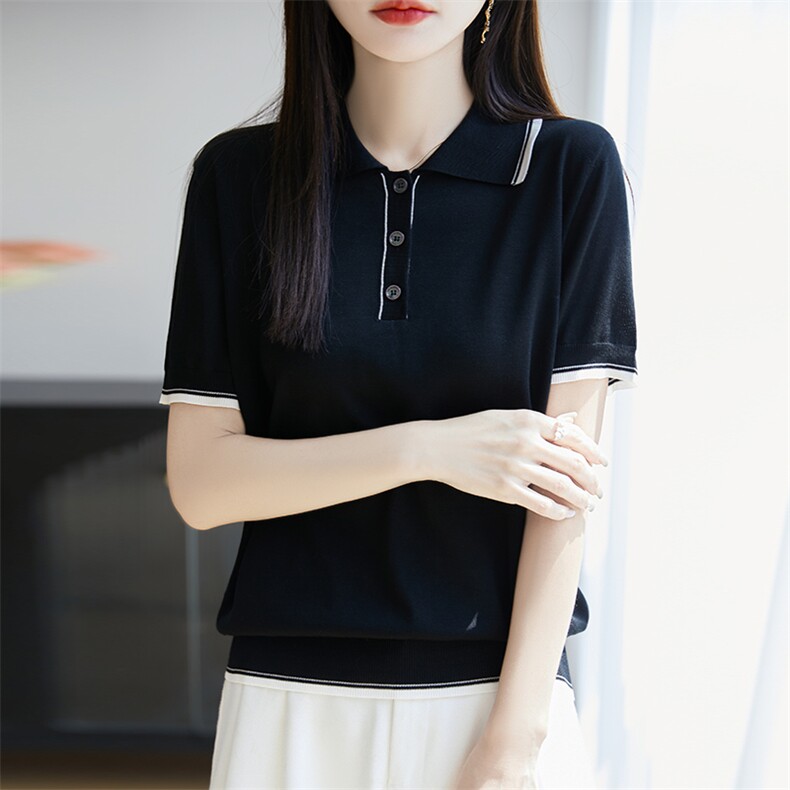 polo领拼色短袖2025夏季新款减龄t恤女士洋气别致上衣服,女装T恤,广悦羊绒