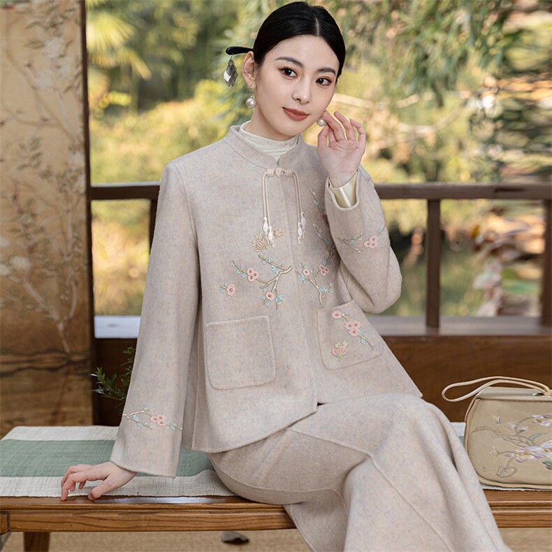 新中式国风改良旗袍套装裙女秋冬新款复古刺绣毛呢外套两件套,女装套装/套裙,芷墨服饰
